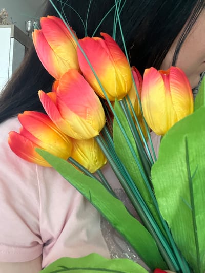 A close-up, waist-up shot shows a person holding a bouquet of artificial tulips. The tulips have gradient coloration, transitioning from yellow at the base to pinkish-orange at the tips of the petals. Green artificial leaves and stems are visible among the flowers. The person is wearing a light pink t-shirt. The background is slightly out of focus, with hints of dark hair belonging to the person, and a blurry interior setting. There are no discernible landmarks or environmental cues to suggest a specific location within the city of Bayreuth, Germany.