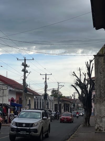 The image depicts a street scene in León, Nicaragua, likely during overcast weather, with dramatic cloud formations filling the sky. The perspective is from street level, looking down a road lined with colonial-style buildings.

Prominently featured in the foreground is a silver Nissan pickup truck, its front grill and license plate (M 320 492) clearly visible. The truck appears to be driving on the asphalt road. To the left of the truck, a market stall is visible with clothing displayed on racks under an awning. A person in a pink shirt is partially visible on the far left.

The street is populated with various vehicles, including other cars and motorcycles. A red taxi is seen further down the road, along with several other vehicles in traffic. A few individuals are on motorcycles, one wearing a red shirt and another a white helmet.

The architecture of the buildings lining the street is characteristic of León, with multi-story structures featuring arched doorways and windows. Overhead, a complex network of electrical wires and utility poles crisscrosses the sky, a common sight in many urban areas. A distinctive feature on the right side of the image is a large, bare tree with intricate branches, positioned next to a textured, weathered stone wall of a building. The overall impression is of a bustling urban environment with a touch of historical charm, set against a dramatic sky.