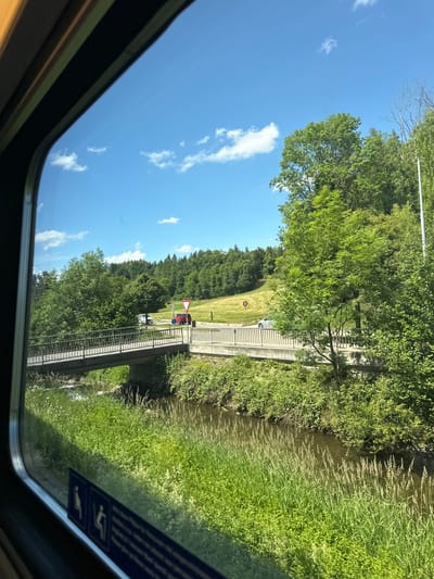 The image captures a sunlit rural landscape, observed from the interior of a train in what is identified as Wetzikon (ZH), Switzerland. The view through the train window reveals a clear blue sky dotted with scattered white cumulus clouds, indicating bright, sunny weather.
In the midground, a concrete bridge with dark grey metal railings spans a narrow, shallow river or stream. The river water, appearing brownish, flows gently beneath the bridge. Both banks of the river are densely covered with lush, green vegetation, including tall grasses, reeds, and various bushes.
Parallel to the river and crossing over the bridge is a paved road. Several vehicles are present on this road. To the left of the bridge, a white panel van or recreational vehicle is stopped or parked. On the right side of the bridge, a red hatchback or SUV is observed turning from a side road onto the main road. Prominently displayed next to the red car is a red-bordered triangular yield sign. Further to the right on the road, partially obscured by trees, a silver sedan is visible, and an additional circular prohibitory traffic sign (red border, white center) can be discerned in the distance.
The background consists of rolling hills extensively covered with dense, vibrant green forests, interspersed with lighter green grassy fields. Large, mature trees with full green foliage line the road and riverbanks.
The foreground of the image shows the dark frame of the train window. On the bottom left portion of the window, a blue sticker with white pictograms, likely representing accessibility symbols (such as seated figures), is affixed to the glass. No individuals are visibly present in the scene. The overall impression is that of a bright, verdant summer day.