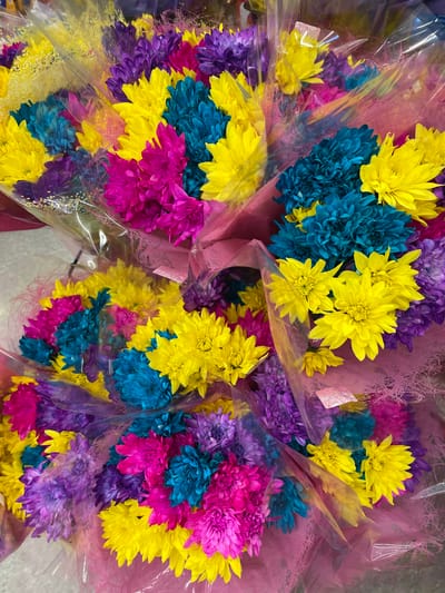 The image shows a close-up, eye-level view of several bouquets of vibrantly colored flowers, likely chrysanthemums, arranged in clear plastic packaging with pink filler material. The flowers are a mix of bright yellow, deep fuchsia, teal blue, and shades of purple. The bouquets are layered and overlapping, creating a full and textured composition. The lighting is bright, casting some reflections on the plastic wrap. The background is blurred and appears to be a retail environment, possibly a grocery store or flower shop, suggested by a white tiled floor in the lower left corner and hints of shelving or displays. There are no people visible in the image. The location is stated to be Edgartown, United States of America, though this context is not visually evident within the frame.
