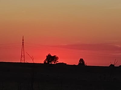This media file captures a silhouetted landscape at sunset, likely in Valverde de Leganés, Spain. The sky is a vibrant gradient of orange and red, suggesting the sun is low on the horizon. A prominent pylon, likely part of a power line transmission tower, stands tall on the left side of the image. In the middle ground, silhouetted trees with gnarled branches dot the landscape. To the far right, another silhouette could be a windmill or a similar structure with protruding elements. The foreground is a dark, silhouetted field, with sparse, thin vertical lines suggesting dried vegetation or fence posts. The overall scene evokes a sense of peaceful isolation and the dramatic beauty of a rural sunset. There are no visible people or text in the image.