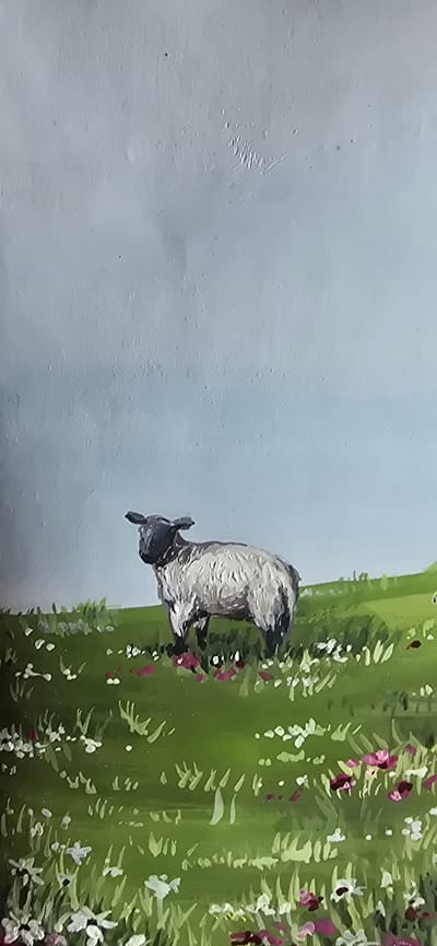 The image is a vertical painting of a sheep standing in a grassy field with wildflowers. The sky is a pale blue with some textured areas. The sheep is gray and white with a dark face. The field is green and dotted with small white and pink flowers. The painting style is somewhat impressionistic, with visible brushstrokes. There is no indication of the city of Gostagayevskaya, Russia, in the image or its context.