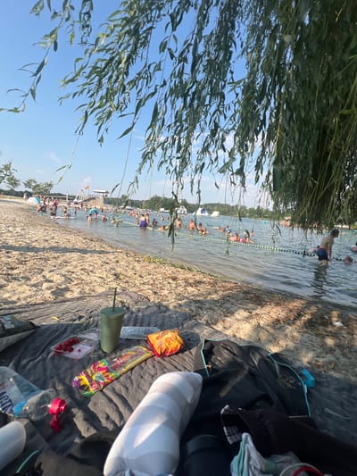 This is a vertical, eye-level shot taken from a beach, looking out onto a crowded lake on a sunny day. The foreground is dominated by a dark blanket spread on the sand, with several items on it, including a green textured cup, a clear plastic container with raspberries, a colorful candy wrapper, and a partially filled water bottle with a red cap. A white and gray striped cushion or pillow is also visible on the blanket.
Beyond the blanket, the sandy beach transitions into a lake filled with people. A rope barrier separates the shallow swimming area from the deeper water, with a series of buoys marking the boundary. People are scattered throughout the lake, some swimming, others floating on inflatable rings, and a few standing in the shallow water. In the background, a treeline is visible along the far bank of the lake, with structures that appear to be part of a beach resort or park. Some people are visible on a wooden walkway or pier.
The sky is a bright blue with a few scattered clouds. The sun appears to be high in the sky, suggesting it's midday. The overall mood is one of leisure and recreation on a warm summer day. The scene is likely a public beach or swimming area, possibly a lake or a man-made swimming lake. The only visible text is on the water bottle, which says "ACTIVE".