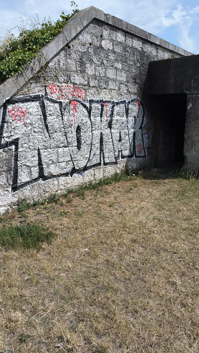 The image shows a graffiti-covered stone wall, part of a concrete structure resembling a bunker or tunnel entrance. The graffiti features large, bold letters in black and silver, with red accents. The wall itself is constructed of irregular-shaped stones. To the left of the wall, lush green vegetation grows along the top edge. The ground in front of the wall is covered with dry, patchy grass. To the right, a dark, open entrance suggests a passageway or tunnel. The sky above is partly cloudy. This scene is located in Calais, France.
