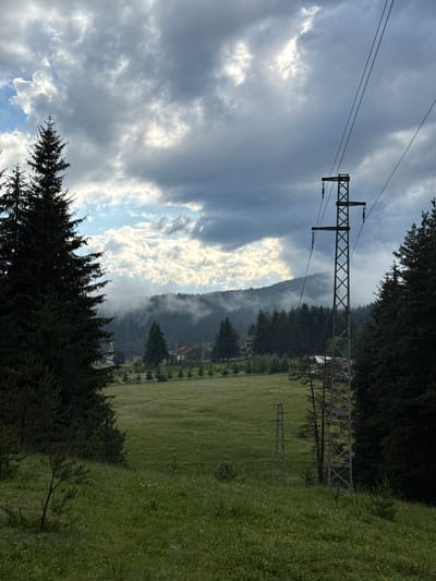 The image captures a natural landscape in Yundola, Bulgaria, under a dramatic sky. In the foreground, lush green grass covers a sloping field, with several small pine trees dotted throughout. Two tall, dark green pine trees frame the left side of the image, their branches reaching upwards.
Dominating the right side of the frame is a tall, metallic electricity pylon with power lines stretching across the sky. Further back, a large, open green meadow extends towards a dense forest that covers rolling hills. The forest is partially obscured by a layer of mist or fog, creating a sense of depth and atmosphere. Through the trees in the midground, a building with a red roof and several smaller structures are visible. The sky is filled with a mix of dark, heavy clouds and patches of brighter, sunlit sky, suggesting either an approaching storm or the aftermath of one. The overall scene conveys a sense of wild, untamed nature combined with the presence of human infrastructure.