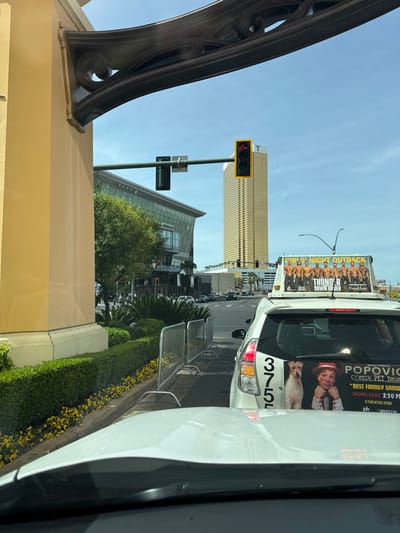 The image depicts a bright, sunny day on a multi-lane urban road in Winchester, Nevada, United States. The scene is viewed from inside a vehicle, with a portion of the dashboard visible in the foreground. Directly ahead is a white taxi cab, displaying the number "375" on its rear passenger side. The taxi's roof carries an advertisement for "GIRLS' NIGHT OUTBACK THUNDER DOWN UNDER" at Excalibur, featuring a group of shirtless men. Its rear window displays an advertisement for "POPOVICH COMEDY PET THEATER" at VTHEATER, showing a man in a fedora next to a dog.

To the left, a large, ornate, yellowish-tan architectural facade element frames the view. Adjacent to this, a landscaped area with green hedges, yellow flowers, and palm-like plants is bordered by several silver metal crowd barriers. Beyond this landscaping, a modern building with a glass facade, resembling Crystals at CityCenter, is visible.

In the mid-ground, a traffic light suspended over the road displays a red left-turn arrow. Further in the background, a tall, gold-colored skyscraper, identified as the Trump International Hotel, stands prominently under a clear blue sky. Vehicles are visible further down the street, indicating active traffic. The overall impression is an active commercial or entertainment district.
