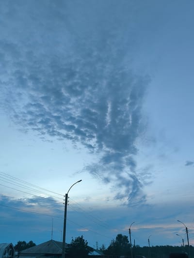 This is an eye-level, full outdoor shot of a sky scene over Moshkovo, Russia, at dusk. The sky is filled with wispy, gray clouds forming a distinct pattern that resembles a bird or a winged creature. Below the sky, the silhouettes of houses, trees, and utility poles with overhead wires are visible. The lighting suggests the sun has recently set, casting a soft, diffused light. There are no people or animals visible in the image. The overall atmosphere is calm and serene.