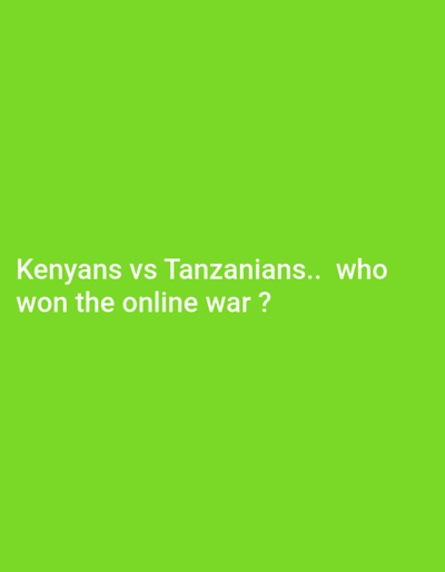 The image is a solid lime green background with the question "Kenyans vs Tanzanians.. who won the online war ?" written in white centered on the image. The coordinates provided are for the city of Ganja, Azerbaijan. The image does not depict any scene or location, and contains no people, subjects, objects, actions, interactions, or environmental details.