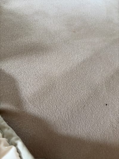 The image shows a close-up, high-angle shot of a textured, beige fabric, possibly a blanket or upholstery. The fabric has a slightly fuzzy or napped surface, with visible weave patterns. There are a few small, dark specks on the fabric, one of which is a small, dark circular mark. A shadow falls across the lower left portion of the fabric, obscuring some of its texture. In the far lower left corner, a small portion of a lighter-colored object with a sheen is visible, possibly part of another textile or garment. The image appears to be an indoor shot, with no clear indicators of an outdoor environment or specific location within Svetlia, Bulgaria.