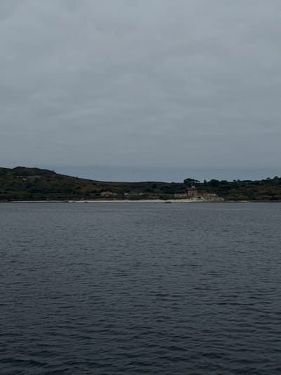The image shows a view of the sea and a coastline under a cloudy sky. The water in the foreground is dark and choppy, with small waves. In the background, a green, hilly coastline is visible, dotted with trees and some buildings. A sandy beach or strip of land runs along the coast between the water and the hills. The architecture of the buildings appears to be Mediterranean, with some houses featuring red tile roofs. The overall impression is of a somewhat overcast day in a coastal area. The location is identified as Paxariñas, Spain.