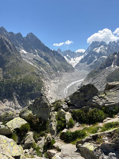 This media file captures a breathtaking view of a mountainous landscape in Chamonix-Mont-Blanc, France. The scene is dominated by towering, rocky peaks, many of which are partially covered in snow, suggesting a high-altitude environment. A prominent glacier, a long, winding band of ice and debris, carves its way down a valley, indicating a glacial setting. The foreground is characterized by rugged, grey rocks with patches of green grass and small wildflowers, highlighting the alpine flora. The sky is a clear, vibrant blue, with a few fluffy white clouds drifting by, implying good weather. The lighting suggests it is daytime, likely late morning or early afternoon, with the sun casting shadows and illuminating the dramatic terrain. The perspective is from a high vantage point, looking down and across the vast expanse of mountains and the glacier. There are no people or specific objects visible, emphasizing the natural grandeur of the location. The overall impression is one of immense scale, natural beauty, and the raw power of alpine environments.
