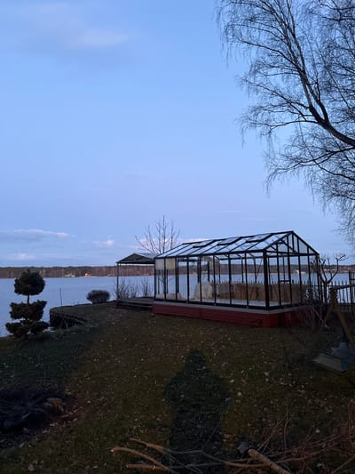 The image shows a greenhouse on a property next to a body of water, likely a lake or river, under a twilight sky. The greenhouse is constructed with a black frame and glass panels, and it appears to contain hay bales inside. The property has a grassy lawn that slopes toward the water's edge, with trees along the edge of the lawn and a bare tree branch is visible in the upper left corner of the image. The body of water extends to the horizon. The presence of the greenhouse and the proximity to the body of water suggest a rural or suburban location, potentially near Baltezers, Latvia. No people are visible in the image.