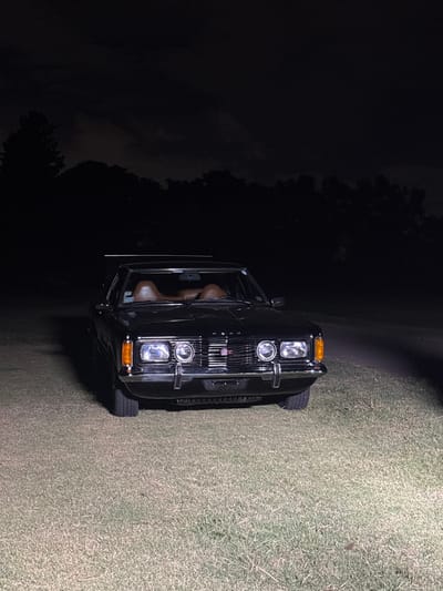 The image displays a dark-colored, likely black, vintage or classic SUV or truck, presented with a 90-degree counter-clockwise rotation. When viewed with correct orientation, the vehicle is parked on a patch of short, green grass.

The front of the vehicle is prominently featured, showcasing its distinct design elements. It has a pair of rectangular headlights on each side of the grille, with a smaller circular light positioned directly below each main headlight. Below the outermost headlight, there is a rectangular amber turn signal. The grille is composed of vertical chrome slats, giving it a robust appearance, and a durable-looking front bumper is also visible. The interior of the vehicle is partially visible through the windshield, revealing two light brown or tan-colored seats.

The scene is set at night. The area immediately surrounding the vehicle, specifically the grass it is parked on, is illuminated by an unseen light source, casting a soft glow. In stark contrast, the background behind the vehicle is extremely dark, almost completely black, with only faint, shadowy outlines of what appear to be trees or dense foliage barely discernible against the darkness. The vehicle's headlights appear to be on, contributing to the illumination of its front. No text is visible in the image.