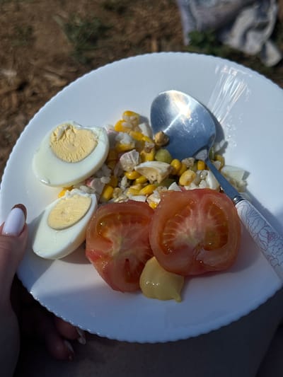 The image depicts a white plate held by a person with manicured nails. The plate contains a salad consisting of corn, chopped egg, surimi, halved tomatoes, and a dollop of mayonnaise. A spoon with a floral design on the handle rests on the salad. The background includes grass, brown soil, and a folded grey blanket. The location is presumed to be in Черёмушки, Russia.