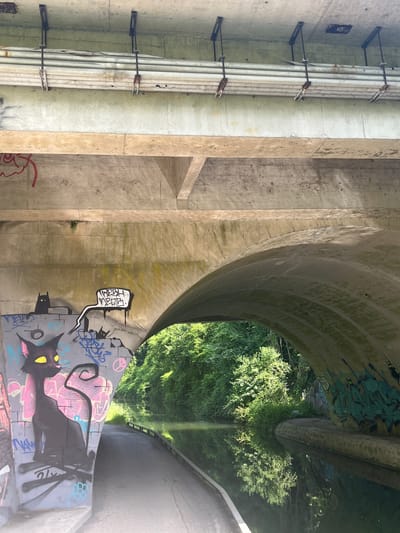 The image depicts the underside of a concrete structure, likely a bridge or overpass, in Claye-Souilly, France. On the left, vertical concrete supports are visible, with a set of pipes running along one. The pipes are fastened by metal brackets. To the right, the curved interior of the structure is partially covered in graffiti, including a large black cat with yellow eyes and various other tags and designs. Beyond the structure's opening, green trees and a road can be seen. The photograph is taken from a low angle, looking upward.