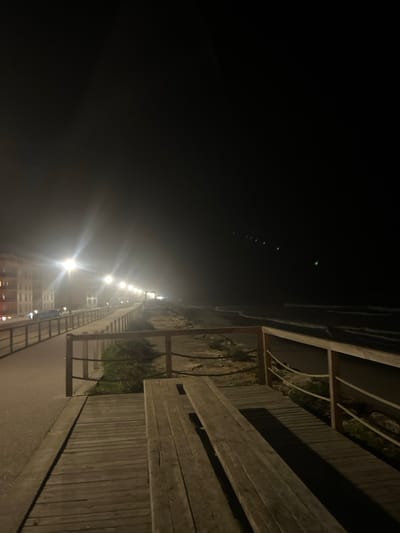 A nighttime scene depicts a boardwalk lined with lights stretching into the distance, shrouded in fog. The boardwalk has wooden planks and a wooden bench. To the right, the boardwalk is bordered by vegetation and a railing. To the left, the boardwalk faces a dark body of water, partially obscured by the heavy fog. Several faint lights are visible in the distant sky.