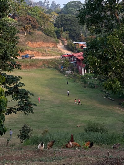 The image shows a scene in Santa Cruz de Yojoa, Honduras, depicting a grassy field area with scattered trees and various activities. In the center of the field, two children are playing soccer, while another individual is lying on the grass. Several chickens are near the right edge of the field. Buildings and vehicles are visible in the background; there's a red truck parked near a red-roofed building. A blue truck is on the dirt road on the left side of the field. Trees frame the top and bottom of the image. A man is standing near the bottom edge of the field.