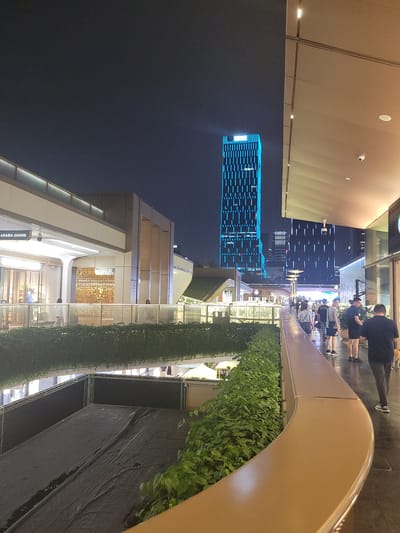 This is a nighttime, eye-level, outdoor photograph taken in the Wuhou District of China. The scene depicts a modern urban plaza or shopping area with a distinct architectural style. A prominent, tall building with a blue, illuminated grid pattern stands in the background, suggesting a futuristic or high-tech aesthetic. In the foreground, a curved balcony or walkway, made of a light-colored, smooth material, curves to the right. It is lined with lush green foliage cascading over the edge.
Several individuals are walking along the walkway. Some are walking away from the camera, while others are walking towards it. One person in the foreground is walking away from the camera with a small dog on a leash. The architecture of the buildings on the left is also modern, featuring large glass windows and illuminated interior spaces, including what appears to be a Canada Goose store. The overall impression is one of a vibrant and well-lit commercial district at night.