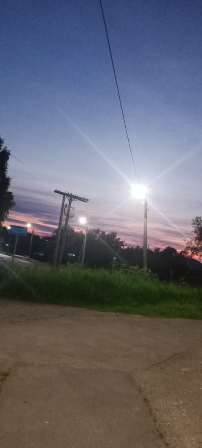 The image captures a twilight scene with a vibrant sky transitioning from deep blue to shades of pink and orange. A streetlamp, brightly illuminated, is a prominent feature, positioned on a wooden utility pole. Another utility pole is visible to the left, also with a streetlamp. A dark, dense line of trees forms the horizon, with hints of buildings and vegetation interspersed. The foreground consists of a paved surface, possibly a road or sidewalk, and a strip of tall, green grass. The overall impression is that of a rural or semi-urban setting at dusk. The location is Kudymkar, Russia.