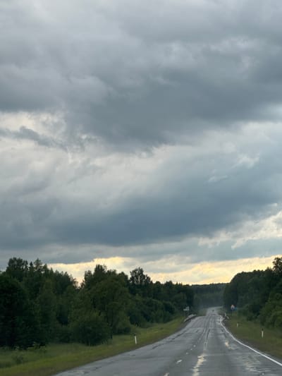 This image depicts a road in Bol'shoi Talmaz, Russia. The road appears wet, suggesting recent rain, and is surrounded by dense green trees. The sky is overcast with dark, heavy clouds, and a lighter band of sky is visible on the horizon. There are white road markers on the side of the road. In the distance, the road curves and seems to lead into a forested area. A blue road sign with Cyrillic text is visible on the right side of the road. There are no people or vehicles visible in the image.