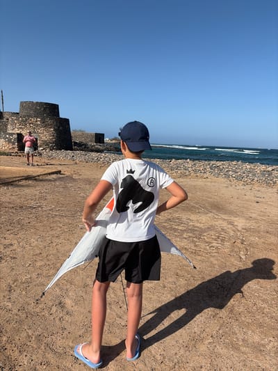 The image depicts a sunlit coastal scene in Antigua, Spain, featuring two individuals amidst ancient stone structures, a sandy-rocky shore, and the ocean under a clear sky.

In the foreground, a young male individual, appearing to be a pre-teen or early teenager, stands with his back to the viewer. He wears a navy blue baseball cap with a white Nike swoosh on the left side, a white short-sleeved t-shirt with a large black graphic on the back depicting an animal-like head wearing a crown, and a circled 'R' symbol positioned above and to the right of the graphic. He is dressed in black shorts and light blue flip-flops. He holds a partially unfurled white fabric object, approximately triangular, with an orange section, consistent with a power kite or small paraglider wing, extending from his hands. His left hand is placed on his hip. A distinct, elongated shadow of his form stretches across the dry, light brown sandy ground to the right.

In the midground, to the left, an adult individual, appearing female, stands further back, partially obscured by the stone structures. She is wearing a light pink short-sleeved collared shirt and light-colored shorts. Behind her and to her right, multiple dark, rough-hewn stone structures, resembling ancient fortifications, are present. These include circular and rectangular sections built from irregularly shaped stones. The ground in the midground consists of dry earth, transitioning to a rocky beach closer to the water.

The background reveals a body of water, identified as the ocean, exhibiting multiple lines of waves with visible white caps. The sky above is uniformly clear and bright blue, without any clouds. The strong sunlight casts sharp, elongated shadows, indicating a clear day with the sun at a high angle.