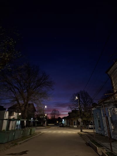 This media file captures a twilight or early night scene on a street in Dolni Chiflik, Bulgaria. The sky transitions from a deep indigo-black on the left to a horizon band of reddish-pink and orange hues on the right, suggesting the last remnants of sunset or distant light pollution.
Dominating the scene are several bare, deciduous trees, their intricate branches silhouetted against the colorful sky. A prominent large tree stands on the mid-left, with another visible further down the street. Overhead, numerous power lines and utility cables crisscross the dark sky.
The street itself, a paved road with white lane markings, extends into the distance on the right. Artificial light sources, including multiple streetlights and illuminated windows of buildings, cast a yellow glow upon the environment. On the far right, a light blue building with windows is visible, along with several green, rectangular structures resembling kiosks or storage units in the foreground, labeled with numbers "2," "3," and "4."
A clear, circular red "STOP" sign is mounted on a pole near the center-right. Further down the street, the shapes of distant vehicles are faintly discernible. The overall atmosphere is quiet and somewhat moody, characteristic of an urban setting at dusk. No specific activity or people are visible, presenting a static streetscape.