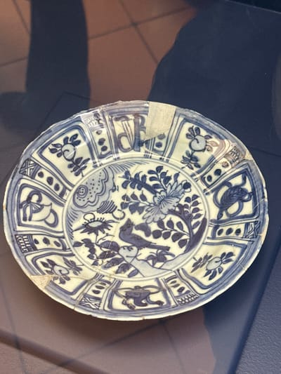 An antique, round ceramic plate, predominantly white with intricate cobalt blue designs, is depicted against a dark, reflective background. The plate shows significant signs of age and wear, including numerous fine cracks radiating across its surface and several larger chips and missing fragments along its rim, some of which appear to have been repaired with lighter material.
The central motif of the plate features two birds perched among detailed flowering branches and foliage. One bird is depicted looking upwards, while the other faces downwards. Surrounding this central design, the plate's border is divided into multiple rectangular or semicircular panels. Each panel contains a distinct, stylized blue motif, often alternating between floral or leaf patterns and more abstract or geometric elements, such as dots in a row or cross-hatching. The blue pigment varies in intensity, creating depth in the artwork.
The plate appears to be displayed in an indoor setting, possibly a museum exhibit or a private collection, given the dark background and subtle reflections that suggest a display case or a polished dark surface. The lighting highlights the plate's textures and crack lines. The item's condition and artistic style suggest it is a historical artifact. No human activity is visible, nor is any text present on the plate or in the background. The location context indicates it is found in Tepotzotlán, Mexico.