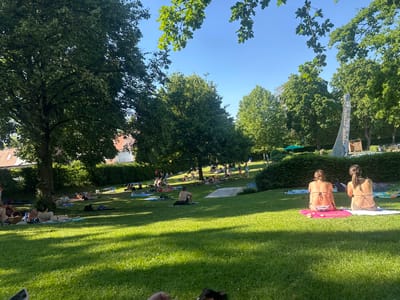 The image shows a sunny day at the swimming pool (Freibad) in Mainburg, Germany, with many people relaxing on the grassy area. In the foreground, two women are sitting on towels, facing away from the camera, wearing bikinis. The grass is green and well-maintained, with dappled sunlight and shadows from the surrounding trees. In the middle ground, numerous individuals are spread out on towels and blankets, sunbathing, sitting, or lying down. Some are in swimwear, while others are clothed. A few trees provide shade, and a white paved area is visible in the distance. The background features more trees, some buildings with red-tiled roofs, and a blue sky. A sculptural element or fountain is partially visible on the right side of the image, and a green umbrella is set up further back. The overall scene depicts a relaxed summer atmosphere at an outdoor public swimming facility.