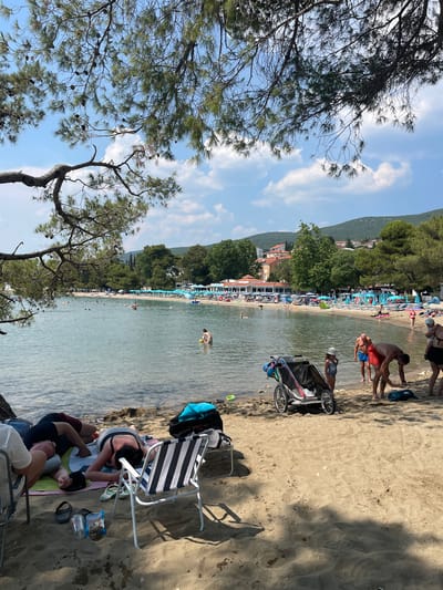 The image depicts a lively beach scene in Crikvenica, Croatia. The foreground is dominated by a lush pine tree, its branches arching over the scene and framing the view. Beyond the tree, a sandy beach stretches along the clear, shallow water. Numerous people are scattered across the beach and in the water, enjoying a sunny day.
On the sand, beach chairs, umbrellas, and towels indicate a relaxed atmosphere. A stroller is visible near the water's edge, suggesting families are present. Some individuals are sunbathing, while others are wading or swimming in the sea. The beach is lined with trees and buildings in the background, hinting at a developed tourist area. The water appears calm and inviting, reflecting the bright sky.
The time of day appears to be midday, with the sun casting shadows on the sand. The weather seems pleasant, with a clear blue sky and scattered white clouds. The overall mood is one of leisure and enjoyment, with people engaging in typical beach activities. No visible text is present in the image.