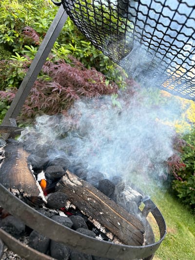 An outdoor scene captures a barbecue grill with burning charcoal and wood, producing a significant amount of white smoke. The grill has a black metal structure and a wire mesh grate. In the foreground, burnt logs and charcoal briquettes are visible, with a small orange flame peeking through the embers. The background consists of lush green foliage, including some plants with red, feathery leaves, and a well-maintained lawn. The image is taken from a close-up perspective, focusing on the grill and its contents. The location is identified as Mordarka, Poland. There are no people or animals present in the image. The overall impression is that of preparing for or actively using a barbecue in a garden setting.