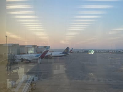 The image depicts an airport tarmac scene at Palma de Mallorca Airport (PMI) in Son Santjoan, Spain, viewed through a reflective window during twilight. The sky transitions from light blue overhead to a pale orange near the horizon, with prominent horizontal light streaks and general haze from internal window reflections superimposed across the entire frame.

In the mid-ground, a white Eurowings Airbus A320 series aircraft, registration D-AEGY, is parked at a gate, connected to a gray jet bridge. Reflections of two indistinct human figures are visible on the window surface in the lower-left quadrant, below the Eurowings aircraft. A mobile passenger stair, partially visible, is also reflected in the foreground. Behind the Eurowings aircraft, a blue and white Ryanair Boeing 737, registration EI-DLJ, is parked. Further to the right and behind the Ryanair aircraft, a white Vueling aircraft with "vueling.com" visible on its fuselage is also positioned.

The tarmac is a large expanse of gray concrete or asphalt, marked with yellow lines. Terminal buildings or hangars with light-colored roofs are visible behind the parked aircraft. A tall floodlight pole with multiple lamps stands on the far left. Distant green runway or taxiway lights are discernible extending into the distance on the right side of the tarmac. A clear reflection of two green Starbucks siren logos is superimposed on the window, appearing directly over the distant tarmac area.