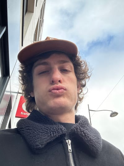 The image presents a low-angle selfie of a young adult male outdoors in Joinville-le-Pont, France. The subject has brown, curly hair and is wearing a brown baseball cap with the brim facing forward. He is dressed in a dark jacket featuring a black faux shearling collar and a visible silver zipper. His face is directed towards the camera with his lips pursed. To the left of the subject, a light-colored building with vertical architectural elements is partially visible, alongside a red sign showing the partial text "franp", indicative of a Franprix supermarket. To the right, a dark streetlamp with a single light fixture extends against a sky exhibiting overcast or partly cloudy conditions.