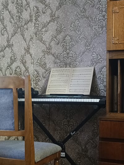 The image depicts an indoor scene within a room. In the foreground, a wooden chair with blue and grey upholstered cushions is visible on the left side. To the right of the chair, a black keyboard synthesizer is placed on a black stand. Sheet music is open and resting on the synthesizer. Behind the synthesizer, a wall is covered in patterned wallpaper with a damask design in shades of grey and beige. A wooden cabinet or shelving unit is situated on the right side of the image, with a section appearing to hold books. The overall ambiance suggests a music practice or performance area. The location is identified as Тайжина, Russia.