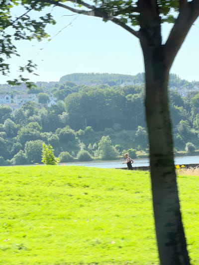 The image depicts a landscape scene with a body of water in the middle ground, bordered by lush green grass on the right and a forested hillside on the left. A tree trunk runs horizontally across the foreground, partially obscuring the view.

On the grassy area near the water's edge, a person is visible. They appear to be a male, wearing dark shorts and a light-colored top. Their posture suggests they might be standing or squatting, facing away from the camera towards the water.

The hillside on the left is covered in dense green trees, and in the distance, houses with white roofs are nestled among the trees, suggesting a residential area. The sky is a clear, bright blue, indicating daytime with potentially fair weather.

The overall impression is a tranquil outdoor setting, possibly a park or recreational area adjacent to a river or lake. The bright green of the grass and the vibrant foliage of the trees suggest a time of year during the warmer months, likely spring or summer. The scene evokes a sense of peacefulness and natural beauty. There is no visible text in the image.