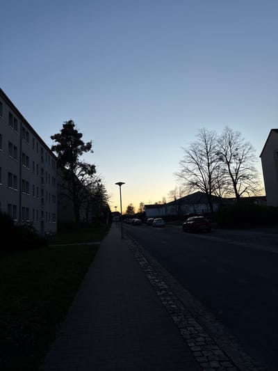 A street scene in Lauchhammer, Germany, captured at dusk. The image is oriented vertically. The sky transitions from blue to a yellowish hue near the horizon. On the right, a dark street runs towards the horizon, lined with parked cars and dense, dark foliage. A building with a low-slung roof borders the top edge. On the left, a building with multiple windows occupies the lower portion of the image. Bare trees are silhouetted against the sky. A lamppost stands near the horizon. A sidewalk is visible between the street and the foliage.
