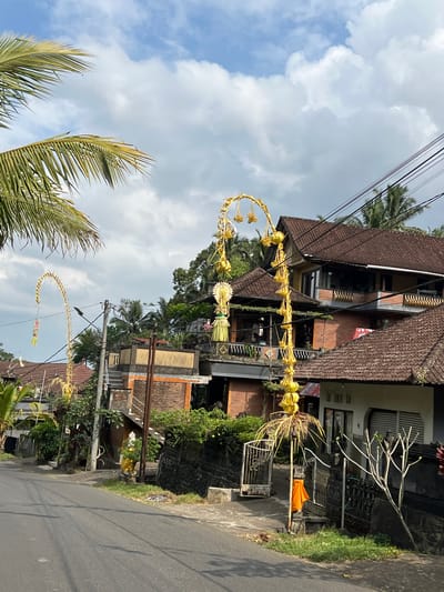 The image depicts a street scene in Pupuan, Indonesia, under a partly cloudy sky. On the right side of the asphalt road, there is a house with a dark brown tiled roof and yellow walls. A decorative, yellow, arched structure adorned with yellow spheres and foliage stands in front of a gate. An orange fabric is tied to a pole supporting this structure. To the left of the road, a second, similar yellow arched decoration is visible, hanging from a pole and also featuring yellow spheres and foliage. Further down the road, more houses with brown tiled roofs and brick accents are visible, surrounded by lush green vegetation and palm trees. Electrical wires crisscross overhead. The scene appears calm and evokes a sense of daily life in a tropical environment.