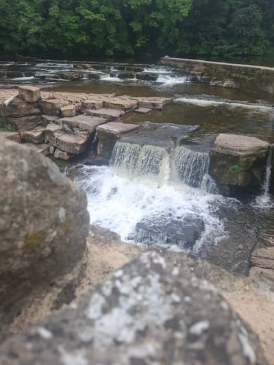 This media file is a photograph of a multi-tiered waterfall cascading over rocks. The scene is dominated by natural elements, with a dense, lush green forest visible on the left side of the frame and large, rough-hewn rocks forming the structure of the waterfall and the foreground. The water is white and frothy as it tumbles down, creating a dynamic contrast with the static rocks and greenery. The image appears to be taken from a high vantage point, looking down at the waterfall. The lighting suggests it might be an overcast day, as there are no harsh shadows, and the overall tone is muted. There is no visible text in the image. The setting is clearly a natural, outdoor environment, likely a park or a nature reserve, given the presence of a constructed waterfall and the well-maintained forest. The focus is on the raw beauty of the water and rocks, creating a sense of tranquility and the power of nature. The composition, with large rocks in the foreground slightly out of focus, adds depth and draws the viewer's eye towards the energetic movement of the water.