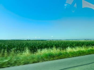 A bright, clear blue sky fills most of the frame. Below, a vast green field stretches to the horizon, possibly a cornfield. Faint hills or mountains are visible in the distance. A strip of green grass transitions into a blurred asphalt road in the foreground, suggesting a view from a moving vehicle. Glare or reflections are noticeable in the upper right corner, likely from a window. The scene evokes a sense of spaciousness and rural landscape.