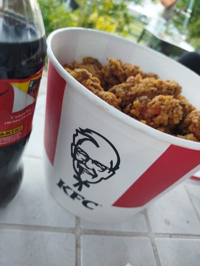 The image shows a bucket of KFC fried chicken and a bottle of Coca-Cola on a white tiled surface. The KFC bucket is mostly filled with fried chicken pieces. The bottle of Coca-Cola stands beside the bucket. The background appears to be a green, outdoor area with a building in the distance. The location is Meshtitsa, Bulgaria.