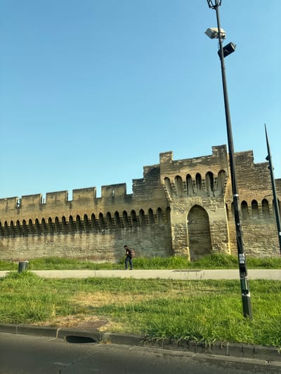 A man with a backpack walks along a paved path next to a section of the medieval ramparts of Avignon, France. The ramparts, constructed of stone, feature crenellations and arched openings. A modern lamppost with attached devices stands to the right of the frame. The ground is covered in green grass, and a paved road is visible in the foreground. The sky is clear and blue.