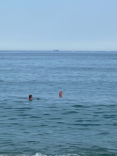 The image shows an ocean scene with two individuals swimming in the water. A distant cargo ship is visible on the horizon. The sky is clear and hazy. The water is a deep blue with small waves. The foreground shows the very edge of a foamy wave. The scene is likely Vilassar de Mar, Spain, given the presence of the Mediterranean Sea and a distant ship.