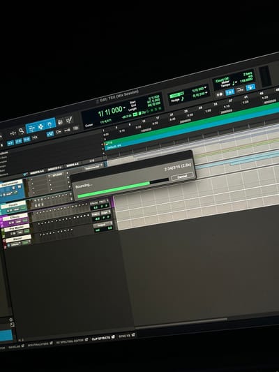 The image displays a close-up, diagonal view of a computer monitor showing a Digital Audio Workstation (DAW) interface, specifically Avid Pro Tools, in a dark environment. No individuals are present.

The primary subject is the software window titled "Edit: TSU (Mix Session)". In the upper section, a transport bar and ruler are visible, indicating time markers (e.g., 0:00, 0:10, 0:20), a tempo of 118.000 BPM, and a 4/4 time signature. A grid setting of "1|1|000" and an end time of "97|1|000" are displayed.

To the left, several track names are visible in a dark grey sidebar, including "Instrumental", "Vocals", "Effects", "Pre Master", and "Master". The "Instrumental" track shows an "API-5500" plugin inserted. Various track controls such as "S M" (Solo, Mute), "read" automation mode, and volume faders (e.g., -0.0 dB for "Pre Master") are identifiable.

A rectangular overlay window, centrally located, displays "Bouncing..." with a green progress bar. Text within this window reads "2:34/3:15 (2.6x)", indicating that 2 minutes and 34 seconds of a 3-minute and 15-second audio export process have been completed, at 2.6 times real-time speed. A "Cancel" button is present to the right of the progress bar.

The bottom edge of the screen shows partial labels for other audio applications or plugins, including "WAVELAB", "SPECTRALAYERS", "RX SPECTRAL EDITOR", "CLIP EFFECTS", and "SYNC VX".

The environment outside the monitor's display area is dark, providing no discernible details about the room or specific location. The image contains no visual information to determine a location in Hagen, Germany.