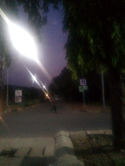 The scene depicts an outdoor street or intersection in Adzho, Nigeria, captured at twilight or night. The sky above is a dark blue-purple, partially obscured by dark green foliage from trees present on both sides of the frame. The foreground consists of a paved road surface, bordered by a concrete curb and gutter system, next to an unpaved area containing sparse vegetation and debris.

A single, intensely bright artificial light source, likely a streetlamp, is prominent in the upper-left quadrant, generating significant lens flares across the upper portion of the image. Additional, dimmer artificial light sources are visible in the distance along the road.

A solitary, indistinct human figure is observed in the mid-ground, walking on the paved road towards the center-left. The figure is silhouetted, and specific details of clothing or features are unidentifiable due to low light and blur.

On the left side of the road, in the mid-distance, a white rectangular sign with unreadable dark text or graphics is mounted on a pole. On the right side, another pole supports two signs: an upper blue square sign with an indiscernible white graphic, and a lower green rectangular sign with unreadable text. The image quality is characterized by high noise and blur.