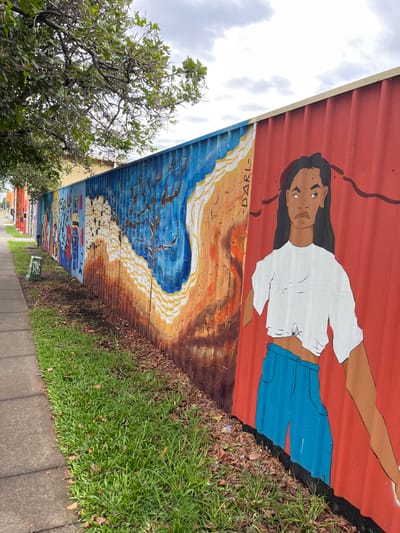 The image captures a vibrant street art mural painted on a long, corrugated metal fence or wall, viewed from an outdoor setting. The perspective is slightly oblique, looking down a concrete sidewalk that runs parallel to the wall.

The mural itself is a multi-layered artwork. A prominent feature is the upper half of a person, likely a woman, with dark skin and long, dark hair. She wears a white short-sleeved t-shirt, tied at the waist, and blue jeans. Her expression appears thoughtful or melancholic. This figure is set against a reddish-brown corrugated background, which forms part of the wall.

Below the person, the mural transitions into a landscape featuring a broad sandy beach, rendered in golden and ochre hues, meeting a deep blue body of water, possibly an ocean or bay. The water is adorned with patterns resembling waves or reflections, and dark, organic shapes that could be trees or roots extend into it. Further along the wall, the lower section of the mural depicts what appears to be a coastal town or settlement with small, colorful buildings. The word "-DARL-" is painted vertically in white on the sandy portion of the mural, to the right of the person's torso.

The wall is bordered by a strip of green grass and patches of dried leaves, which meet the concrete sidewalk. On the left side of the frame, a large tree with abundant green foliage and dark branches provides a natural element, partially obscuring the sky. The sky above is overcast, indicating a cloudy daytime. The scene suggests an urban or suburban outdoor environment in Hamilton, Australia, where the public artwork serves as a focal point.