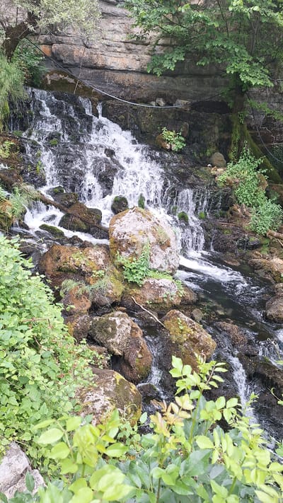 A narrow, cascading waterfall flows over moss-covered rocks in a naturalistic setting. The waterfall is situated against a rocky cliff face, with lush green vegetation growing around it. A large, grey boulder with moss and small plants growing on it sits prominently in the foreground, partially obscuring the waterfall. The water is clear and appears to be flowing swiftly over the rocks, creating a foamy, white effect. The surrounding environment suggests a wild, untamed natural landscape. This scene is located in Milanovo, Bulgaria.