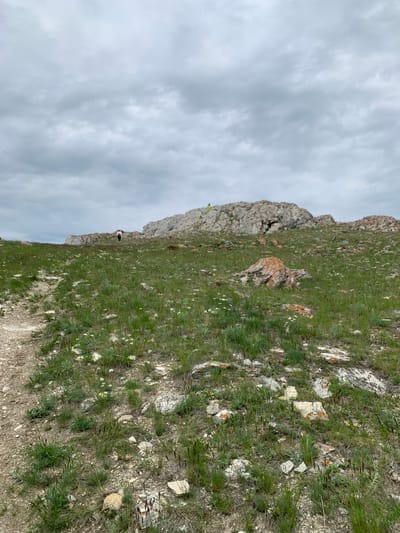 A group of people are walking up a grassy hill towards a rocky outcrop under a cloudy sky. The path on the left is made of dirt and rocks. There are several large rocks and boulders scattered across the grassy landscape, some of which are covered in orange lichen. The people are dressed in casual outdoor clothing. One person is wearing a bright yellow vest. The overall scene depicts a natural outdoor environment, likely a hiking trail.