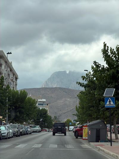 This media file depicts a street scene in La Vila Joiosa, Spain, under an overcast sky. The perspective is tilted, as if the camera is held vertically. In the foreground, a line of parked cars stretches along the right side of the road, with a pedestrian crossing visible. The vehicles appear to be a mix of modern sedans and SUVs, with one prominent black Jeep visible closer to the bottom of the frame, bearing the text "Jeep" on its rear.
A large, dark grey trash receptacle sits on the sidewalk to the left of the road, with some orange and yellow signage on its side. Further down the street, trees with lush green foliage line the sidewalk, partially obscuring a building. Behind the trees and buildings, a rugged, mountainous landscape rises, partially shrouded in mist or clouds, suggesting a possibly humid or cloudy day.
On the left side of the frame, a building with multiple balconies is visible, also surrounded by trees. A street light with two bird-like figures perched on it is also present.
Above the street and trees, a blue sign with a white pedestrian symbol is mounted on a pole, accompanied by a small solar panel. The overall atmosphere is subdued, likely due to the cloudy weather. The image appears to capture a typical day in a coastal town with a backdrop of natural elevation. No people are clearly visible in the scene. The time of day is not explicitly indicated, but the diffused light suggests it is daytime.