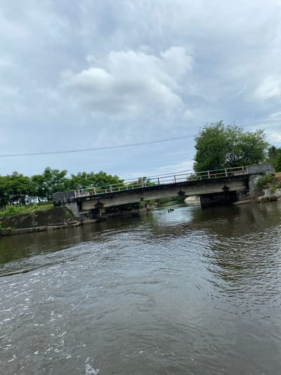 A concrete bridge spans a dark, rippling river in Aneuk Paya, Indonesia. The bridge has a multi-colored railing and is supported by a central concrete pier. On the river, two dark objects, possibly ducks, are visible near the pier. Lush green trees line the banks of the river, with a large, leafy tree on the right side of the bridge and a line of trees on the left. The sky is overcast with grey clouds. In the foreground, the water is choppy and shows signs of movement.