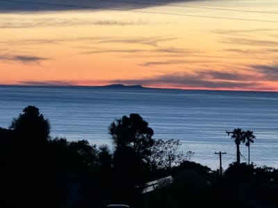 This image depicts an outdoor scene at dusk or dawn, viewed from an elevated position in Rancho Palos Verdes, United States of America, looking westward over the Pacific Ocean. The upper portion of the frame shows a sky exhibiting horizontal bands of color, transitioning from deep orange and pink hues at the horizon to lighter yellow and muted blue tones overhead, containing scattered horizontal cloud formations. Thin, dark horizontal lines, consistent with overhead power cables, are visible at the very top. The mid-ground is dominated by the expansive, blue-gray surface of the Pacific Ocean, displaying subtle horizontal patterns indicative of waves or currents. On the distant horizon, a dark, elongated landmass, identified as Santa Catalina Island, is silhouetted against the colorful sky. The foreground is heavily silhouetted, presenting a dark profile of dense vegetation and man-made structures. Coniferous trees are visible on the left and center-left. Two distinct palm trees are silhouetted on the right. A utility pole with at least two crossarms and multiple wires is present on the mid-right. A rectangular, light-colored object, possibly a skylight or solar panel, is partially visible on a structure in the lower-left-center. A small, light-toned curvature, potentially part of a vehicle roof, is visible at the bottom edge of the frame. No individuals are visible.