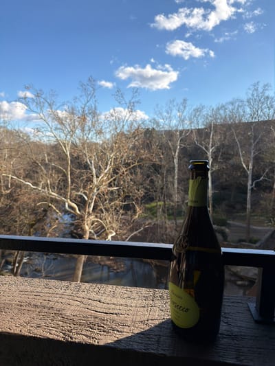 A bottle of Riondo Prosecco sits on a wooden surface, likely a deck, with a railing behind it. The background reveals a landscape with a creek or river flowing through a wooded area filled with bare trees. The sky is blue with scattered white clouds, suggesting a bright, sunny day. The bottle is positioned horizontally, with the label clearly visible. The overall scene creates a relaxed, outdoor ambiance.